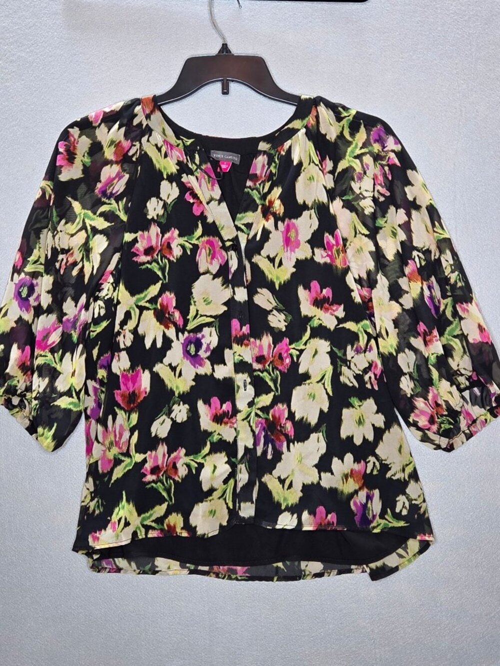 Vince Camuto Floral-Print Split-Neck Top - Rich Black